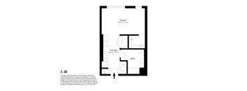 A floor plan of a studio apartment with a kitchen and bath.