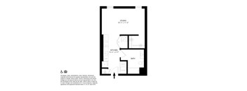 A floor plan of a studio apartment with a kitchen and bathroom.