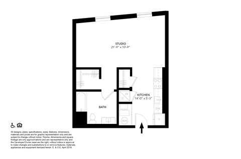 A floor plan of a studio apartment with a kitchen, bath, and living room.