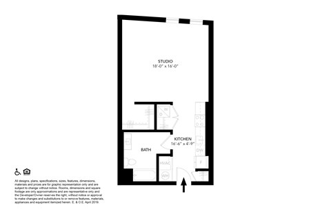 A floor plan of a studio apartment with a kitchen, bathroom, and living room.