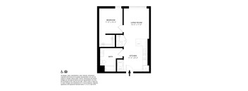 A floor plan of a small apartment with a bedroom, living room, kitchen, and bathroom.