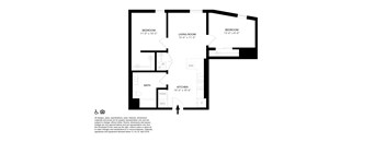 A black and white image of a floor plan for a home with a living room, kitchen, bathroom and three bedrooms.