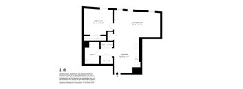 A floor plan of a small apartment with a bedroom, living room, kitchen, and bathroom.