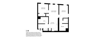 A black and white image of a floor plan for a home with two bedrooms, a living/dining area, a kitchen, a bathroom, and an ensuite.