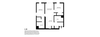 A black and white image of a floor plan for a home with three bedrooms, a living/dining room, a kitchen, a bathroom, and an ensuite.