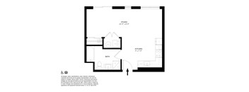 A floor plan of a studio apartment with a kitchen and bathroom.