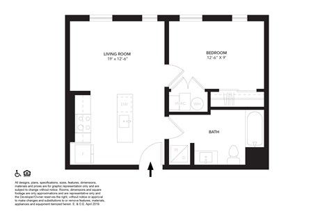 A floor plan of a small apartment with a living room, bedroom, and bathroom.