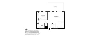 A black and white image of a floor plan for a small apartment.
