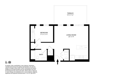 A black and white image of a floor plan for a small apartment.