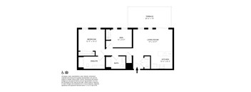 A floor plan of a house with a bedroom, living room, kitchen, and bathroom.