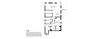 A black and white image of a floor plan for a house with a living room, terrace, kitchen, and four bedrooms.