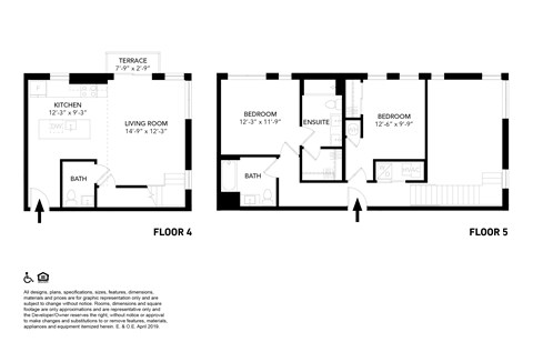 A floor plan for a house with two bedrooms, a living room, a kitchen, a bathroom, and a terrace.