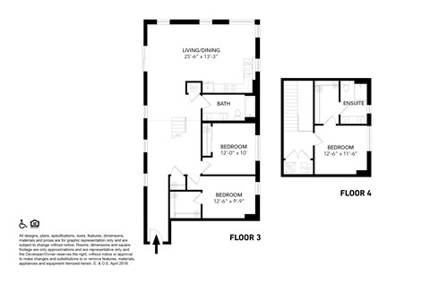 A floor plan of a house with a living room, dining room, three bedrooms, and an en suite.