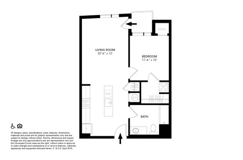 A floor plan of a small apartment with a living room, bedroom, bathroom, and kitchen.