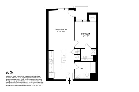 A floor plan of a small apartment with a living room, bedroom, and bathroom.