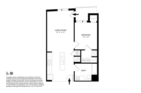 A floor plan of a small apartment with a living room, bedroom, and bathroom.
