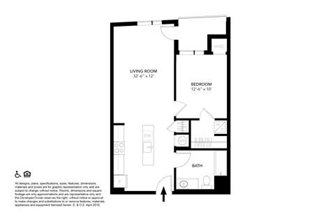 A floor plan of a small apartment with a living room, bedroom, bathroom, and kitchen.