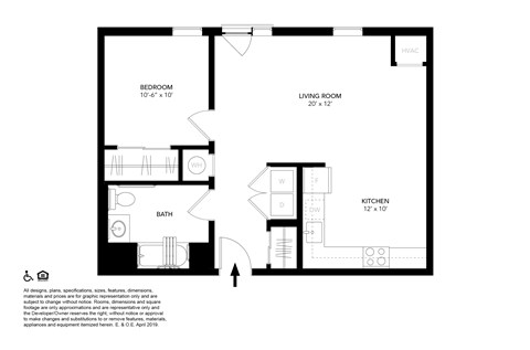 A floor plan of a small apartment with a bedroom, living room, kitchen, and bathroom.