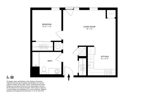 A floor plan of a small apartment with a bedroom, living room, kitchen, and bathroom.
