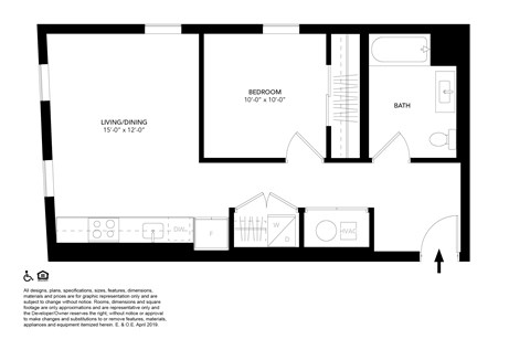 A black and white image of a floor plan for a small apartment.