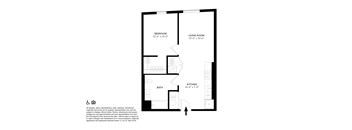 A floor plan of a small apartment with a bedroom, living room, kitchen, and bathroom.