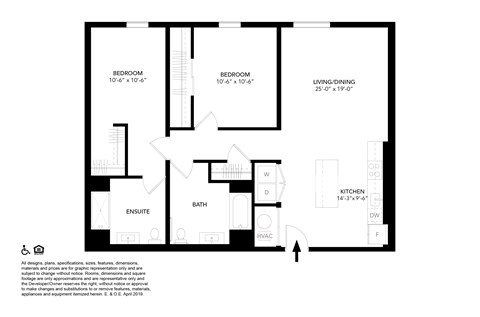 A black and white image of a floor plan for a house with a living room, dining room, kitchen, two bedrooms, an en suite and a bathroom.
