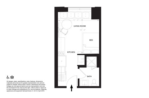 A floor plan of a small apartment with a living room, bed, kitchen, and bath.