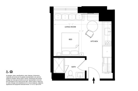 A floor plan of a small apartment with a living room, kitchen, bed, and bath.