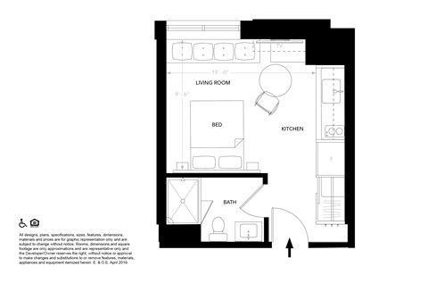 A black and white image of a floor plan for a small apartment.
