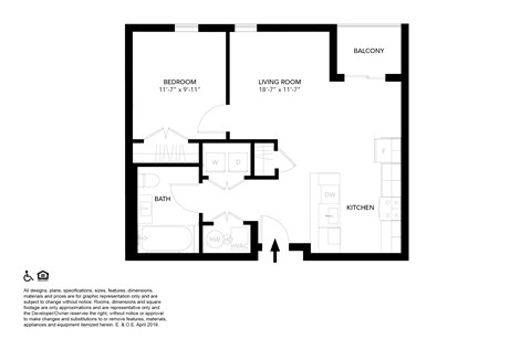 A black and white image of a floor plan for a home with a balcony, bathroom, bedroom, living room, and kitchen.