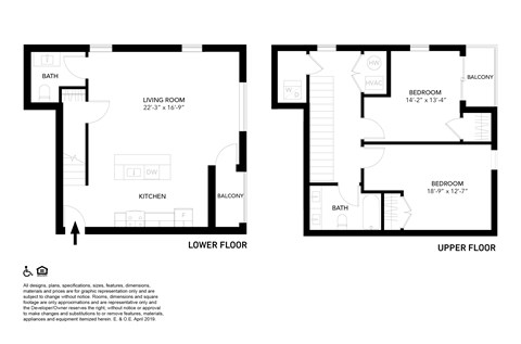 A floor plan of a two-story home with a living room, kitchen, and two bedrooms.