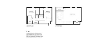 A floor plan of a two-story house with two bedrooms, a living room, a kitchen, a bathroom, and storage.