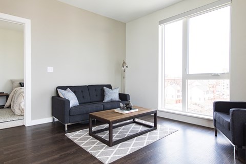 A black couch with white pillows sits in a living room with a coffee table in front of it.