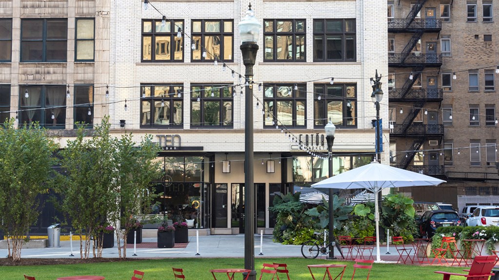 Entrance view at The Malcomson, Detroit, Michigan