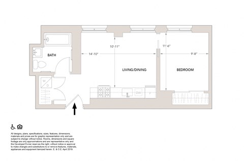 F One Bedroom Floor Plan at Book Tower, Detroit, MI, 48226