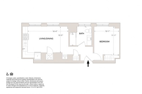 H One Bedroom Floor Plan at Book Tower, Detroit, MI, 48226