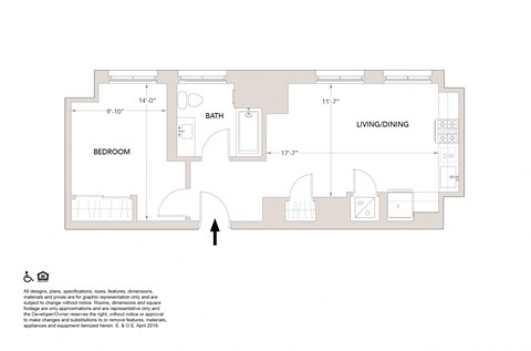 H2 One Bedroom Floor Plan at Book Tower, Detroit, MI, 48226