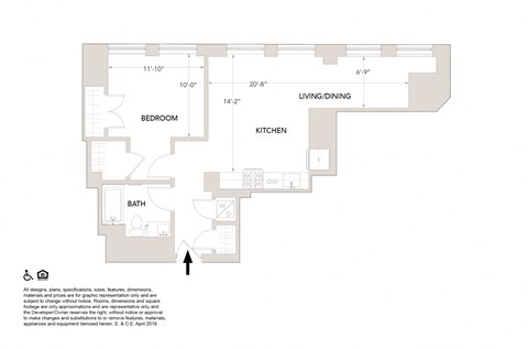 N2 One Bedroom Floor Plan at Book Tower, Detroit, MI, 48226