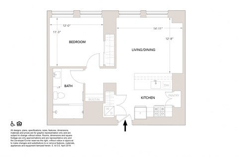 O One Bedroom Floor Plan at Book Tower, Detroit, MI, 48226