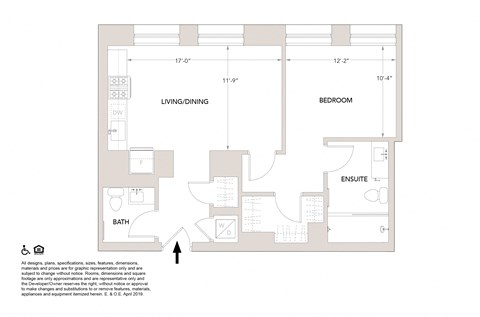 P- 1 Bedroom 1.5 Bathroom Floor Plan at Book Tower, Detroit, MI, 48226