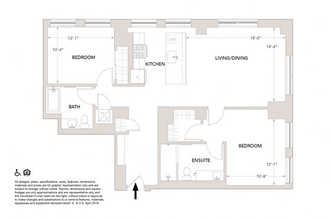 T- 2 Bedrooms 1.5 Bathroom Floor Plan at Book Tower, Detroit, MI, 48226
