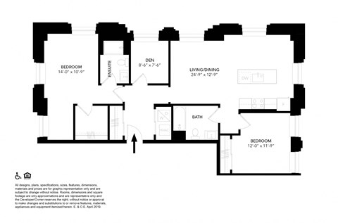 Unit M- Two Bedroom Two Bathrooms + Den Floor Plan at The Press/321, Michigan, 48226