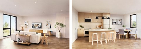 A modern living room and kitchen area with wooden floors and white furniture.