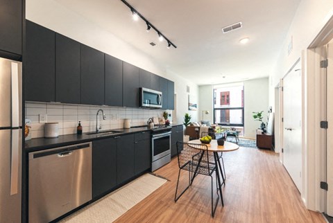 A modern kitchen with black cabinets and stainless steel appliances.