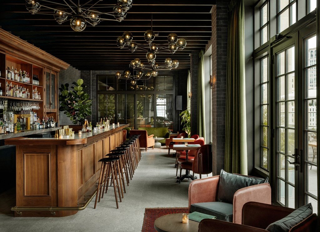 the bar at the lobby of the ace hotelat Book Tower, Detroit, MI