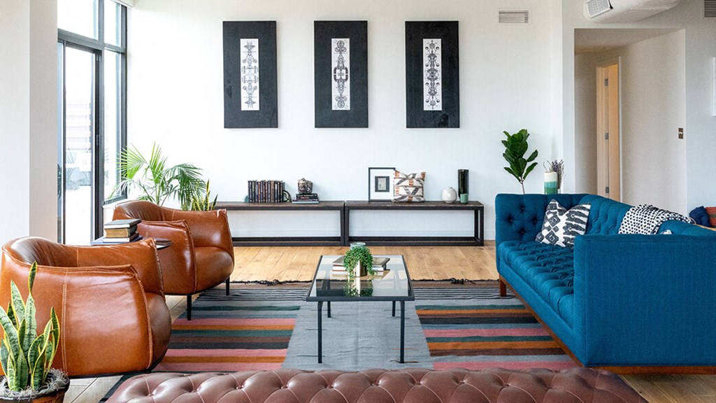 Red and blue sofa at The Assembly, Detroit