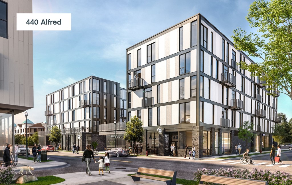 a rendering of a city street with buildings and people