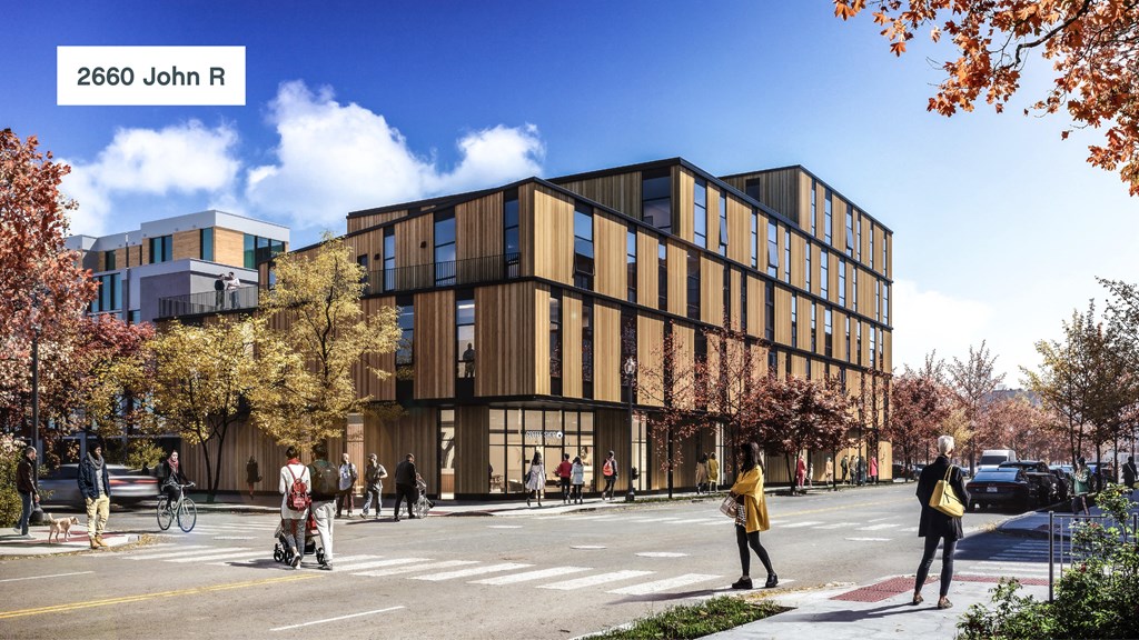 a rendering of a building with people crossing the street