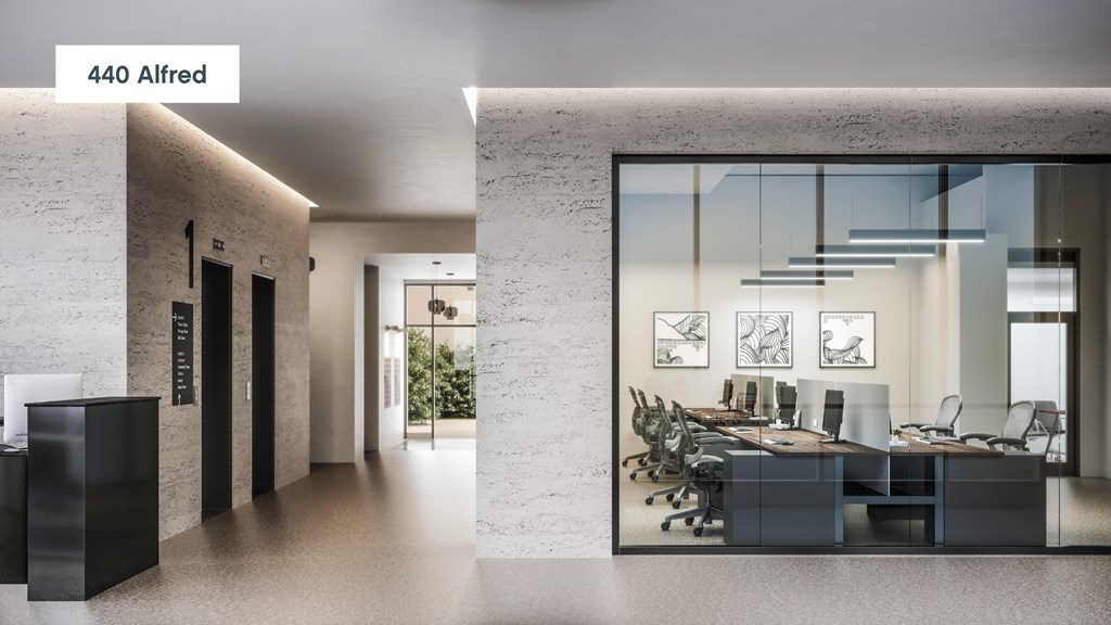 a conference room with a large window and a table with chairs