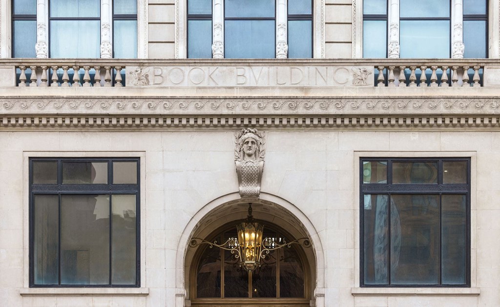 Washington Boulevard entrance showing the facade with a chandelier and the word book building at Book Tower, Michigan, 48226
